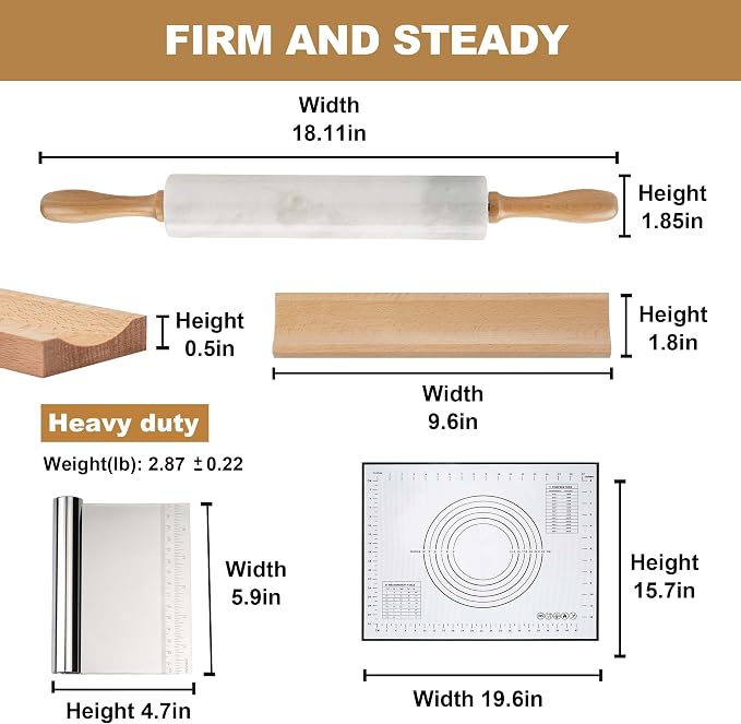 African Natural Marble Rolling Pin, Non-Stick Polished Dough Roller, Pasta, Dumpling, Fondant, Pie Crust, Bread, Pizza Dough, Kitchen Baking Pastry Tools with Mat/Scraper（Namib Fantasy） - Image 2