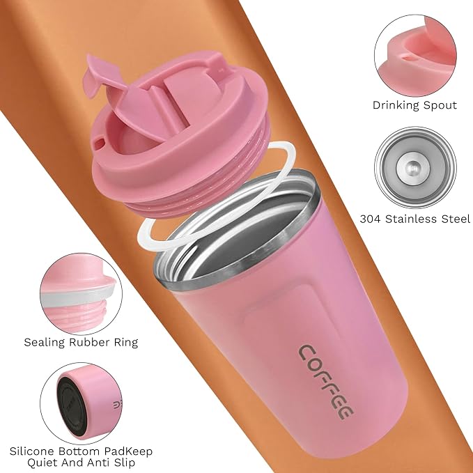 SPLMIFA Travel Coffee Mugs Leak-Proof, Reusable Coffee Cups with Lids, Stainless Steel Vacuum Insulated Coffee Tumblers, Thermal Insulation Cups for Men and Women Hot & Cold Drinks(2nd-Pink, 17OZ) - Image 3
