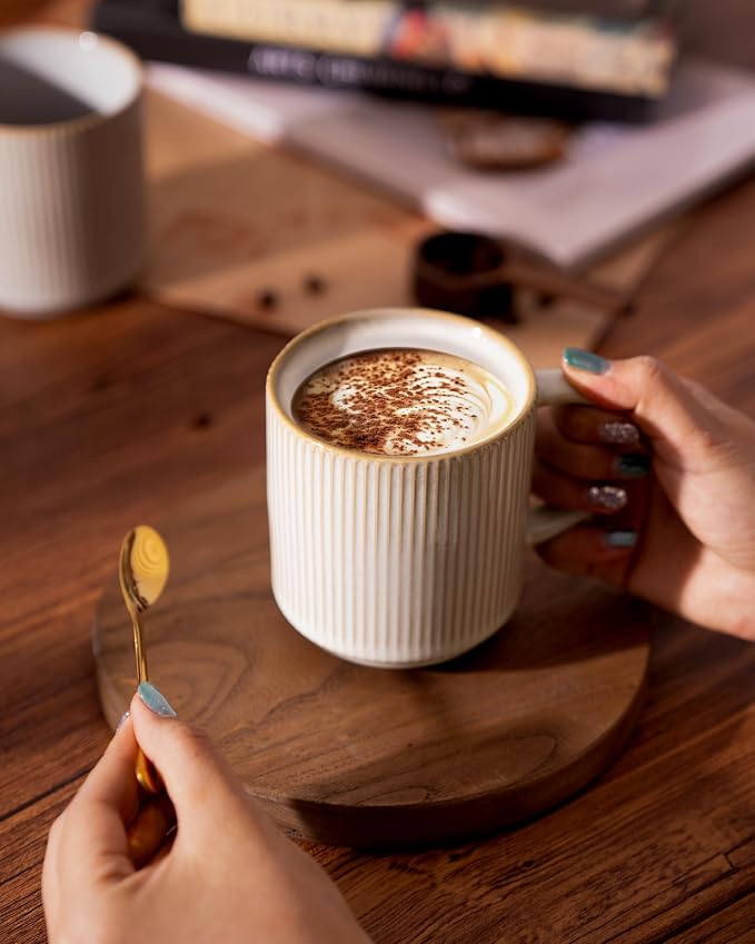 famiware Coffee Mug Set for 6, Star 12 oz Catering Mugs Cup Set with Handle for Coffee, Tea, Cocoa, Milk - Ceramic Stoneware Drinkware Set, Cappuccino White (Pack of 2) - Image 5