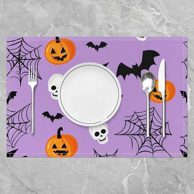 Feelyou Happy Halloween Placemats Set of 4 Pumpkin Lantern Skull Table Mats for Party Kitchen Dining Decoration Purple Orange White Place Mat for Table Holiday Decor Indoor Outdoor 18"x12" Bats Cobweb - Image 2