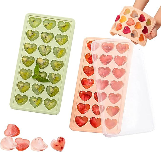 2 Pack Heart-Shaped Ice Cube Trays - 42 Holes Silicone Heart Ice Cube Tray with Lid, BPA Free and Dishwasher Safe, Mini Fun Shape Ice Cube Mold, Easy to Remove (Pink + Green)