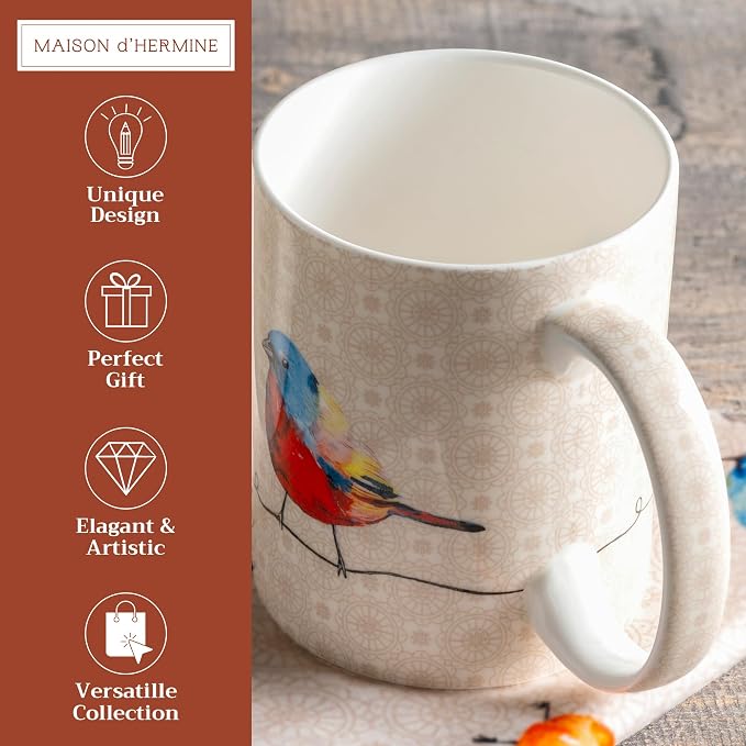Maison d' Hermine Coffee Mug with Handles Tea Cups (12 Ounce, Pack of 1) | Fine Bone China Coffee Mugs for Hot Beverages Cappuccino Latte Home Restaurant Hotel Spring Summer -Birdies on Wire - Robin - Image 2