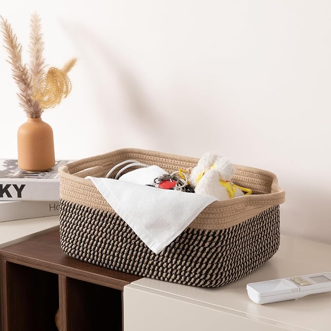 OIAHOMY 3 Pack Storage Baskets for Organizing, Woven Cotton Rope Basket for Shelves, Closet Organizer Bins with Handles, Rectangle Toy Organization, 13.78''×9.84''×5.5'', Brown & Black - Image 6