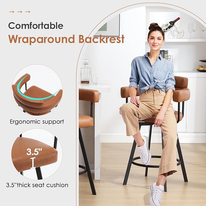 Flouki Swivel Bar Stools with Backs and Arms, Modern Faux Leather Counter Stools Set of 2 for Kitchen Island, 26" Upholstered Counter Height Bar Stools for Kitchen Counter, Dining Room, Brown - Image 3