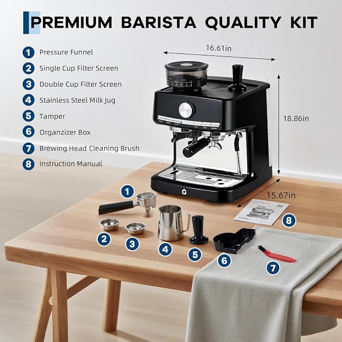 Deluxe Espresso Machine with Double Boiler, Built-in Burr Grinder | 30 Grind Settings, 1.5L Removable Tank, Use Milk Frother and Brew Espresso Simultaneously, Coffee Maker Steam Wand - Image 6