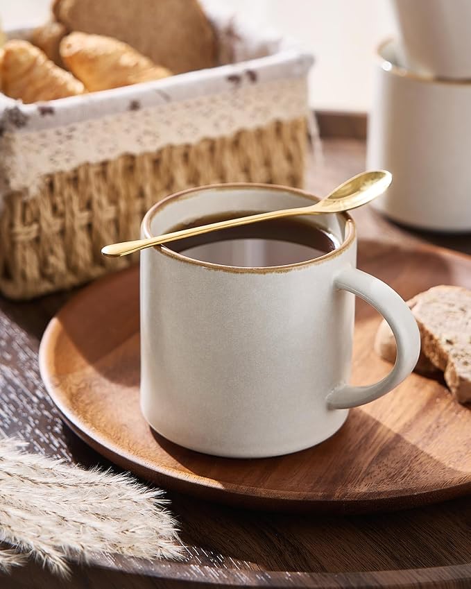 famiware Coffee Mugs Set of 4 Nebula 14oz Coffee Mugs, Ceramic Cup Set with Handle for Latte, Tea, Milk, Cappuccino, Cocoa, Matte Beige White with Brown Rim - Image 2
