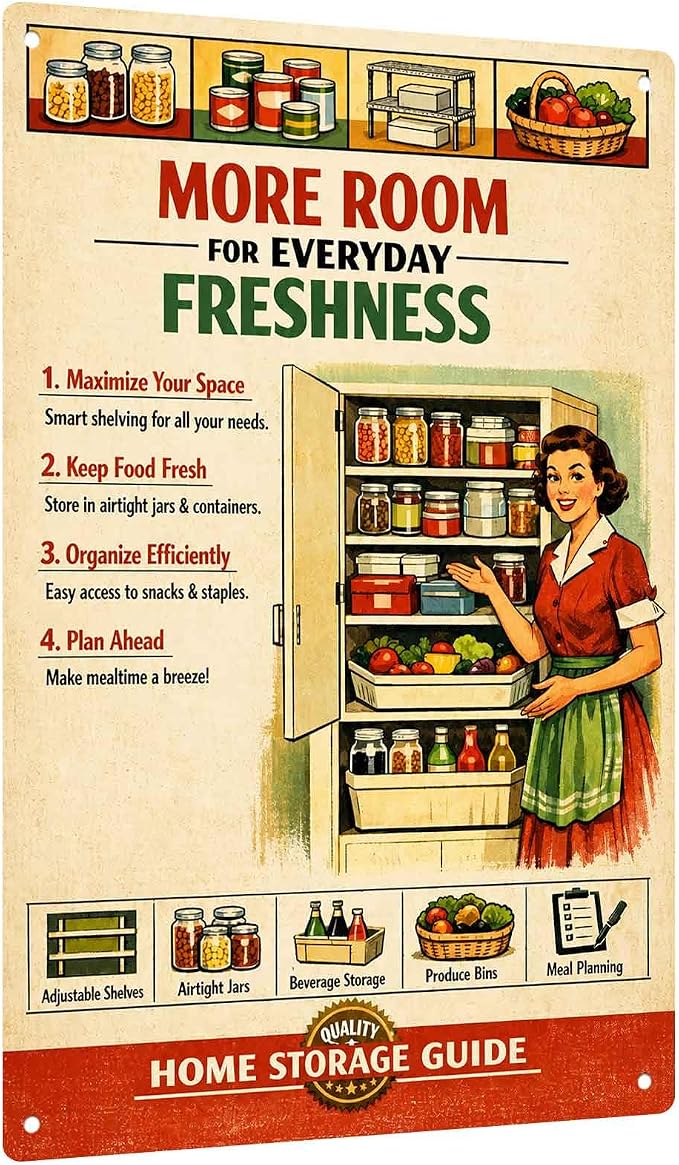 Vintage Kitchen Pantry Organization Guide Metal Sign, 8X12 Inch, Aluminum, Retro Food Storage Knowledge Wall Decor, for Home Dining Room by Unknown