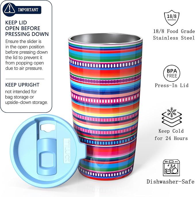 TILUCK 20 oz Insulated Coffee Tumbler with BPA-Free Lid | Travel Coffee Mug, Dishwasher Safe, Cup Holder Friendly, Double-Wall Vacuum Insulation for Hot & Cold Drinks, RainbowStripes - Image 2