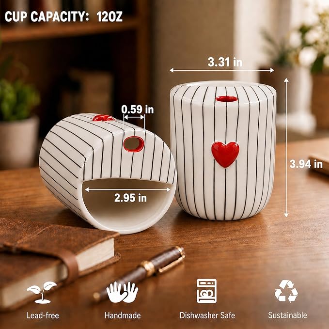 Ceramic Coffee Mug with Sip Hole, 12oz Striped Coffee Cup with Heart Accent, Cute Aesthetic Mug for Espresso Latte Cappuccino, Handmade Glazed Cup for Home Office Gift Use, Black - Image 5