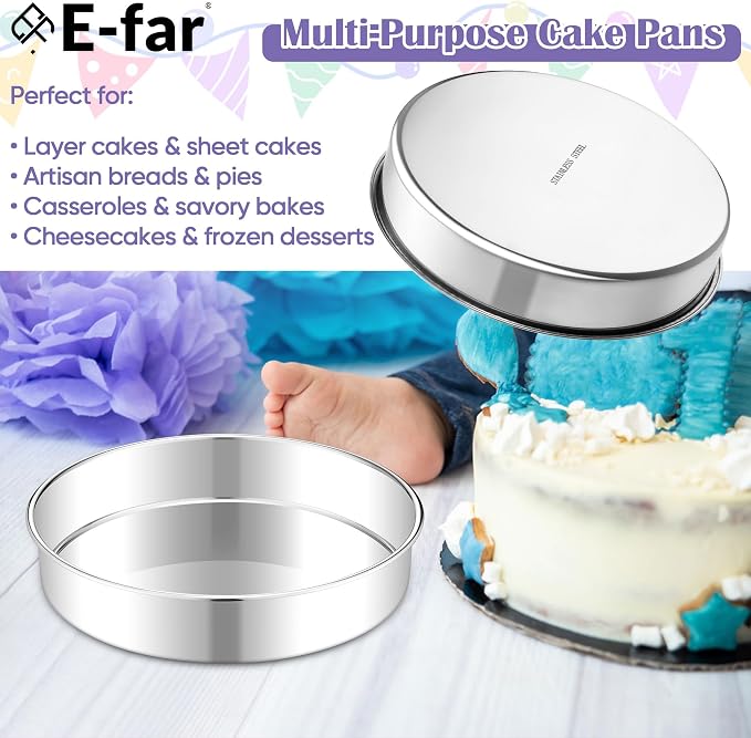 E-far 9 Inch Round Cake Pan, 2-Piece Stainless Steel Round Baking Mold Tins - Non-Toxic & Leak-Proof for Birthday Wedding Layer Tiered Cake, Easy Clean & Dishwasher Safe - Image 7