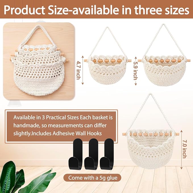 Honeydak Boho Decor Hanging Wall Baskets for Kitchen 3 Pack Teardrop Baskets with Hooks Storage Fruit Onion Vegetable Potato for Home(White,Lace,Cotton Rope) - Image 2