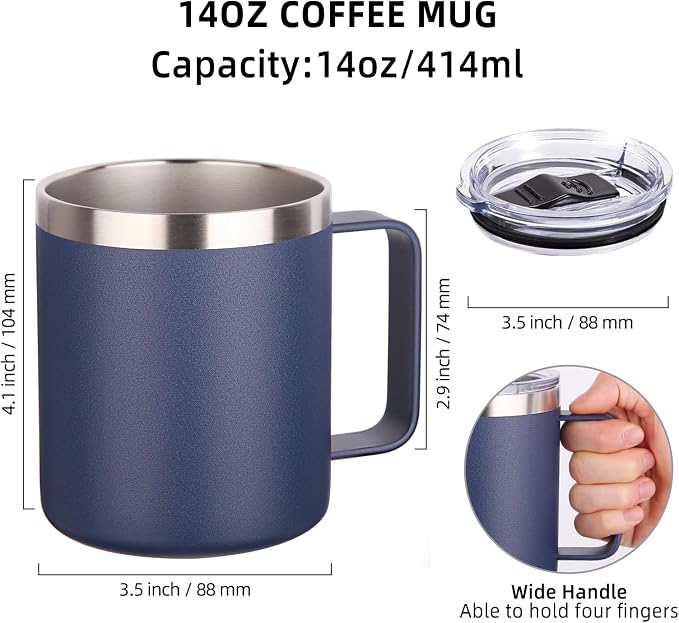 Volhoply 14oz Insulated Stainless Steel Coffee Mug with Lid Bulk 4 Pack,Double Wall Vacuum Travel Coffee Cup with Handle,Reusable Metal Cups Tumbler,Camping Mugs Keep Hot,Ideal Gifts(Navy,4) - Image 2