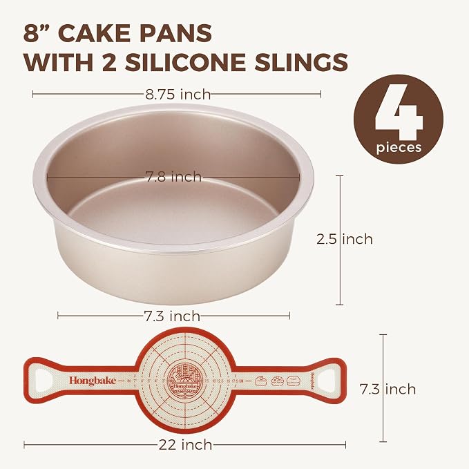 8 Inch Round Cake Pan Set for Baking with 2 Pcs Silicone Baking Sling Mats, Nonstick Circle Cake Pans Set of 2, 2.5" Deeper Layer Cake Tin for Oven, Cheesecake Mold, Huty Duty, Golden - Image 8