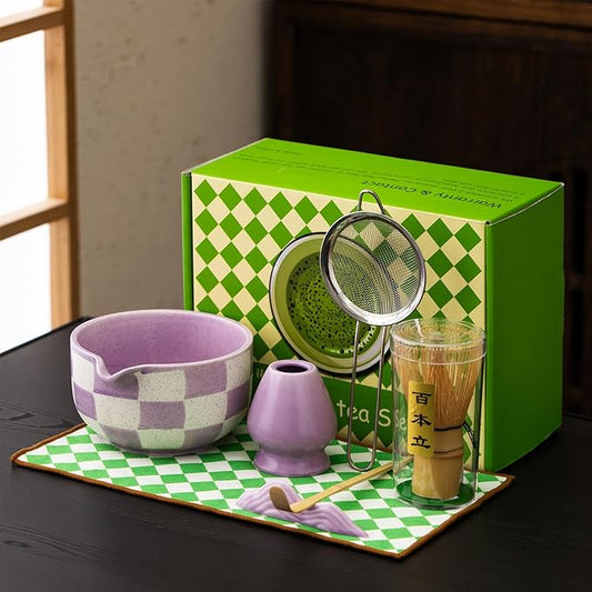 Premium 7-Piece matcha whisk set – Traditional Japanese Style with Elegant Grid Pattern, Includes Bamboo Whisk, Ceramic Bowl, Scoop & More – Perfect for Matcha Lovers & Tea Ceremony (Purple grid)
