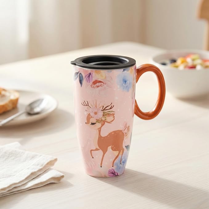 Cute Deer Mug - Travel Mug with Lid, Ceramic Large Coffee Mug, Christmas Holiday Birthday Gifts for Mom Wife Daughter 20oz - Image 3