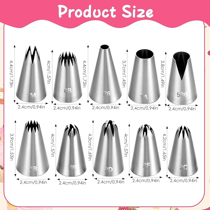 10Pcs Cake Piping Tips Set, Cake Decorating Icing Piping Tip Stainless Steel Cupcake Frosting Nozzles Tool for Baking Cookies Puff Doughnut Cream Bag Filler