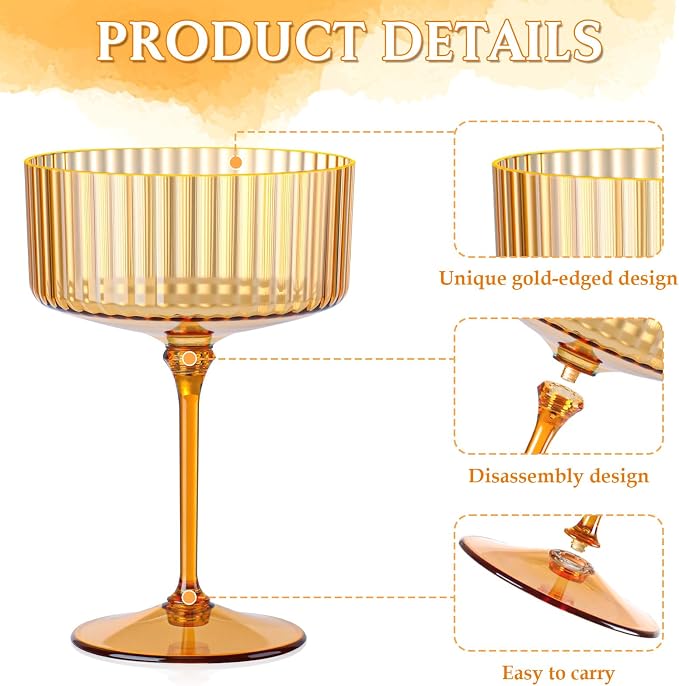 12 PCS Ribbed Coupe Glasses Amber Plastic Champagne Coupe Cup 10oz Detachable Gold Rim Espresso Martini Glass Vintage Margarita Glassware Cocktail Glass Disposable for Thanksgiving Wedding - Image 6