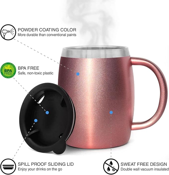 Stainless Steel Insulated Coffee Mugs Set of 2 (14 oz) – Double Wall Coffee Cups with Spill-Resistant Lid and Strong Handle, Shatterproof Cups for Cold Drinks & Hot Beverages - Rose Gold - Image 3