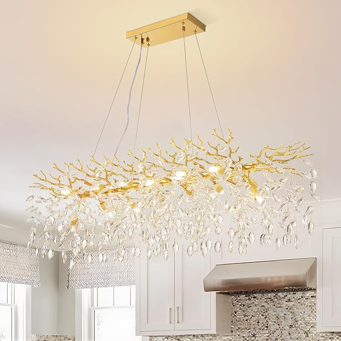 Gold Rectangular Chandelier Modern Crystal Tree Branch Chandelier | 14 Lights Luxury Raindrop Chandeliers 47.3" Hanging Pendant Light Fixtures for Dining Room Kitchen Island Living Room - Image 2