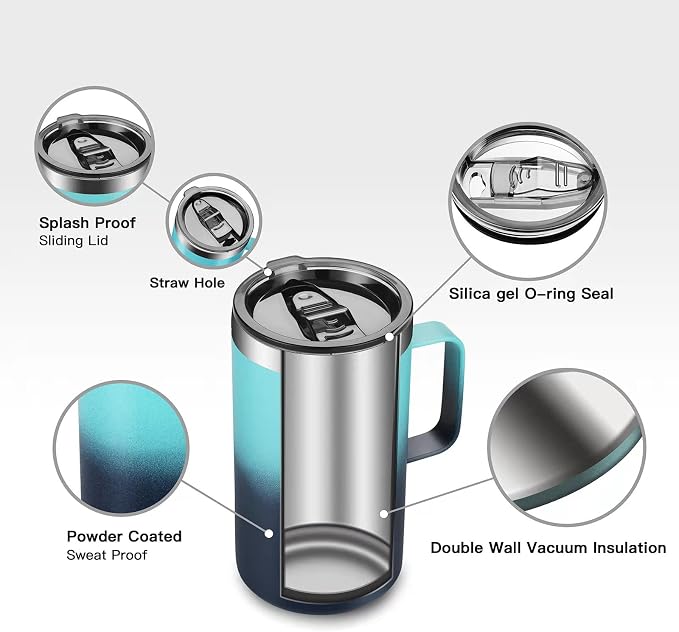 KXIAOCHEN 20 oz Insulated Coffee Mug, Coffee Cup with Lid and Wide Handle | 18/8 stainless steel, 6+ hours hot or 12+ hours cold, wide mouth, no-sweat exterior, for office, work, home and camping - Image 6