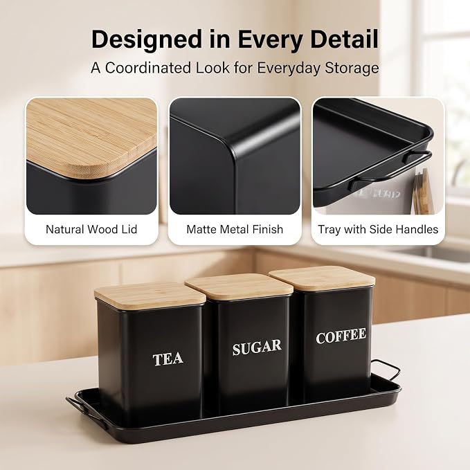 Coffee Tea Sugar Container Set , 50 oz Metal Kitchen Canisters-Black | Countertop Storage Containers with Wood Lids and Tray, Storage Canister for Coffee Bar, Pantry and Farmhouse Kitchen Decor - Image 2