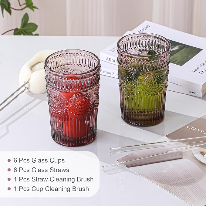 ZMOWIPDL Drinking Glasses Set of 6,13oz Flower Design Purple Glass Cups | Vintage Glassware,Textured Tumblers,Embossed Striped Drinkware for Water,Cocktails,Juice,Iced Coffee - Image 5