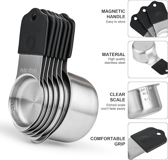 Smithcraft Magnetic Measuring Cups and Spoons Set 16, Metric & US Stainless Steel Measuring Cups and Spoons Set for Dry & Liquid, Metal Measure Cups & Spoons & Leveler for Kitchen&Baking, Black