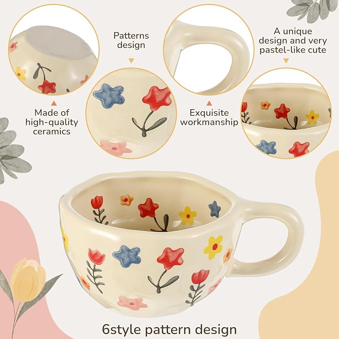 Maxdot 6 Pcs 12oz Ceramic Coffee Mugs Sets Glazing Process Cappuccino Mug Floral Ceramic Tea Cups Idea Gift Set for Women Porcelain Cup for Coffee, Cocoa, Tea, Latte (Retro) (Cute) - Image 3