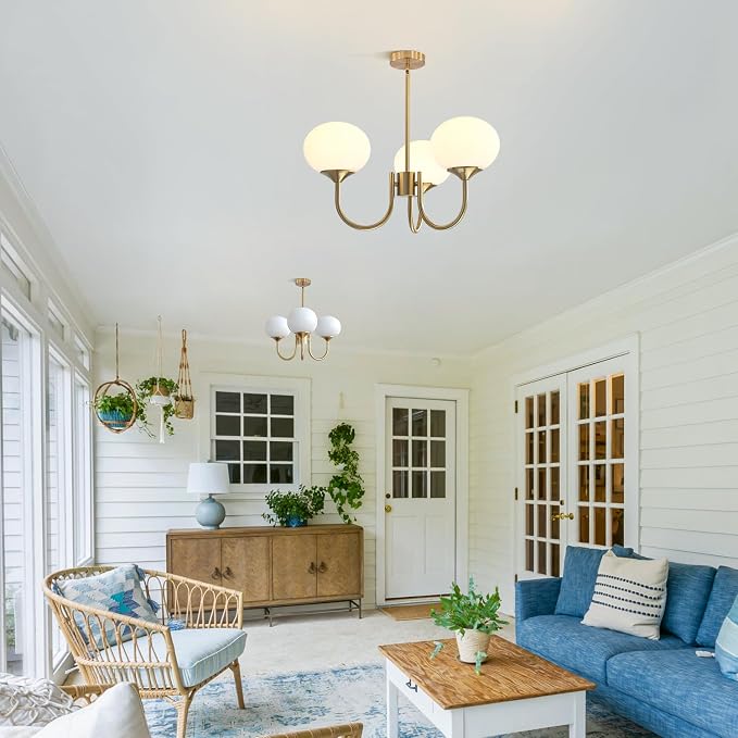 3 Light Vintage Gold Chandelier Milk Glass Globe Chandeliers Brass Sputnik Ceiling Light Fixture Mid Century Modern Pendant Light Dining Room Kitchen - Image 5
