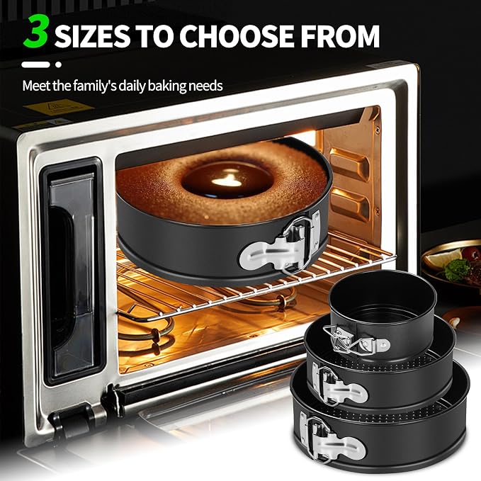 Springform Cheesecake Pan Set, 4/7/9 Inch, Removable Bottoms | 3 nonstick carbon steel pans with spring locks, removable bottoms, 50 liners, silicone spatula and pastry brush for baking - Image 2
