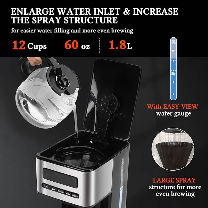 Taylor Swoden Programmable Coffee Maker 12 Cup, Black & Stainless Steel | Hot and Iced Coffee Maker, 4 Brew Strength, LED Display, 24H Timer, Keep Warm&Auto Shutoff- Drip Coffee Machine for Home - Image 8