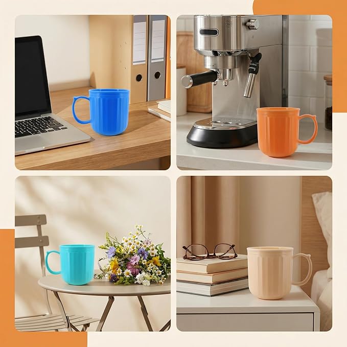 Plastic Coffee Cups with Handles set of 6, 16 oz Iced-Tea Mug Retro | BPA Free Reusable Food Grade PP, Unbreakable Dishwasher Safe, Lightweight, Elderly Kid Safe, Kitchen Party Camping Outdoor - Image 8