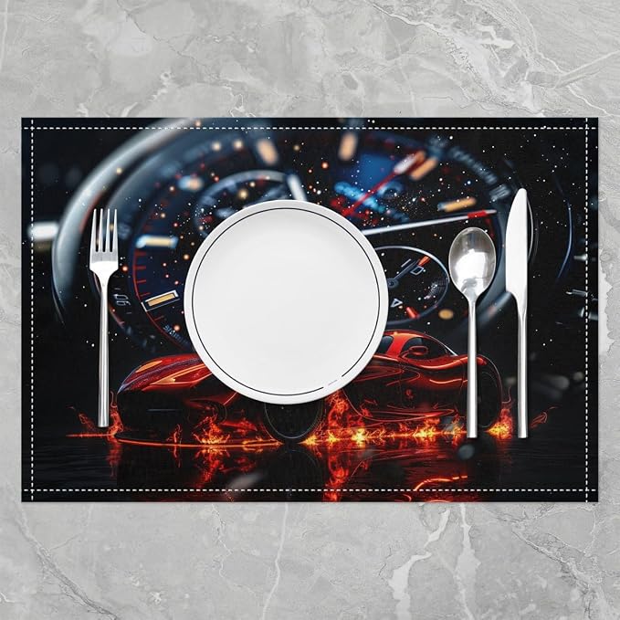 Feelyou Red Race Car Placemats Set of 4 12"x18" Speed Sports Car Placemats for Dining Table Indoor Outdoor Kitchen Racing Car Table Mats Placemat Extreme Sports Decor Table Place Mats - Image 2
