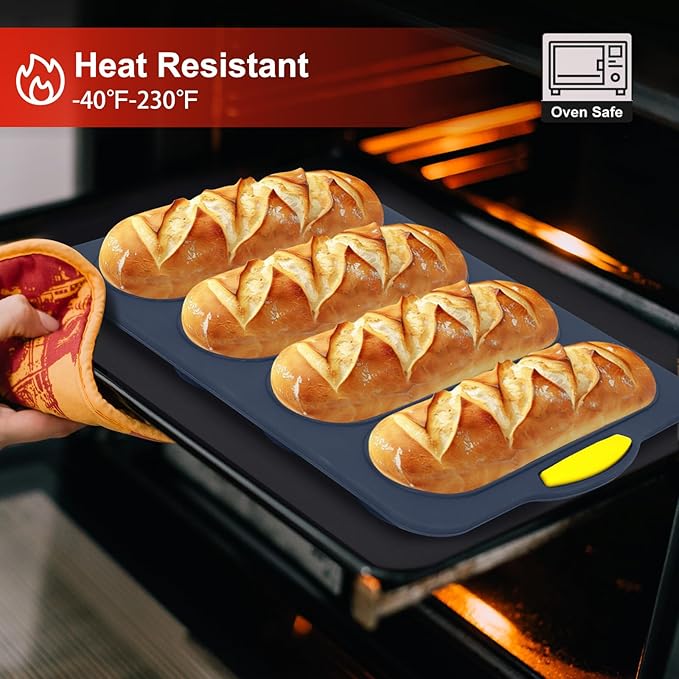 Silicone Bread Loaf Pan, 4-cavity Non-Stick Baguette Bread Pan Heat Resistant Hot Dog Bun Mold, for Sub Roll Baking Pan Bread Pans for Homemade Bread（Gray）