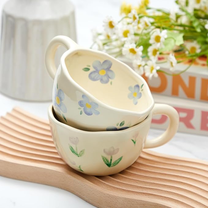 Vesici 2 Pcs Ceramic Coffee Mugs with Spoon, Vintage Floral Spring Mugs with Handle, 8.5 oz Aesthetic Flower Porcelain Tea Cup Set, Dishwasher & Microwave Safe Mothers Day Gifts for Mom(Vibrant) - Image 6