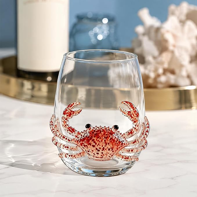 Ocean Themed Crab Hand-Blown Coastal Glassware for Birthday & Holiday Gifts | Ocean Themed Octopus Glassware Hand Blown Coastal Stemless Wine Glasses Unique Coastal Decor Gift for Ocean Lovers - Image 5