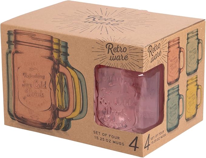 Glaver's Mason Jar Drinking Glasses Set Of 4, 15 oz. Colored Mugs With Embossed Ice-Cold Drinkware Logo, Glass Mason Jar Mug With Handle. For Smoothies, Cocktails, Beverages. Hand Wash - Image 4