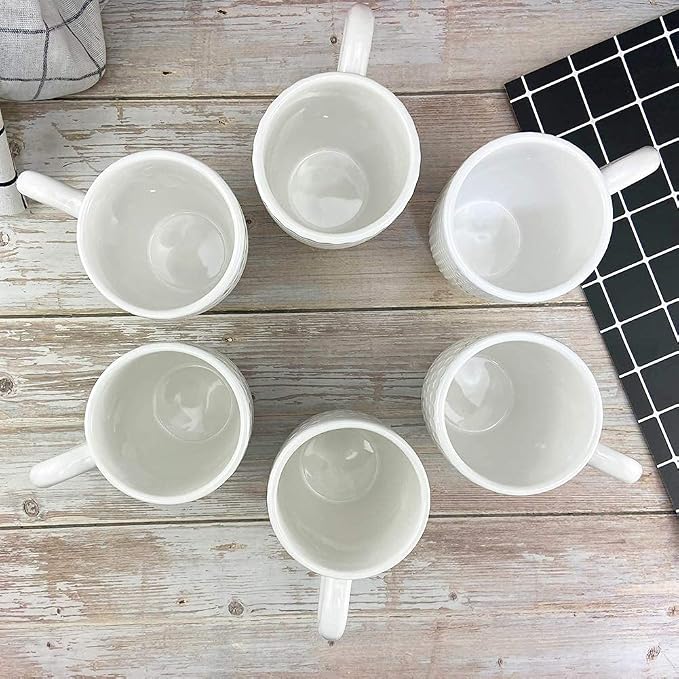 Schliersee 12 OZ White Ceramic Coffee Mugs Set of 6, Stylish Embossed Coffee Cups Set for Coffee, Tea, Milk, Cocoa, Cereal - Image 8