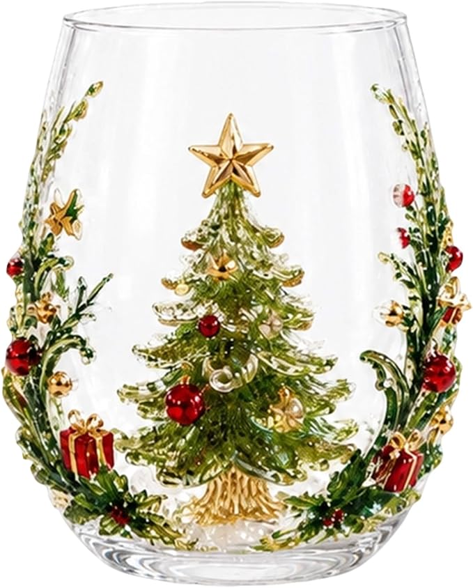 3D Christmas Glass Art Cup, Luxury Raised Holiday Glassware Collection | Cute Festive Stemless Wine Glasses,Artistic Holiday Table Ornaments,Perfect Christmas Home Decor Gifts for Various Beverages by Unknown