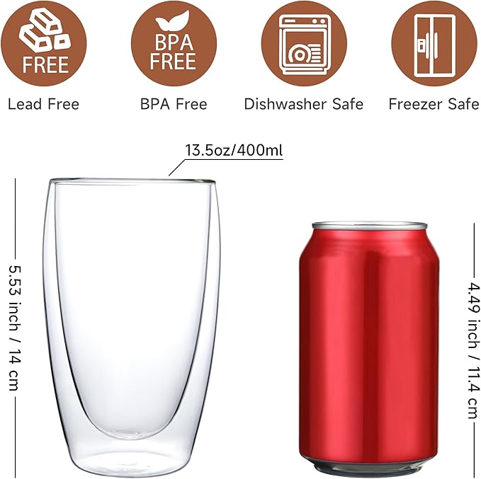 CNGLASS Double Wall Thermo Glass Coffee Cup 13.5 oz,Clear Insulated Glass Coffee Mug for Latte Cappuccino Tea Milk,Set of 4
