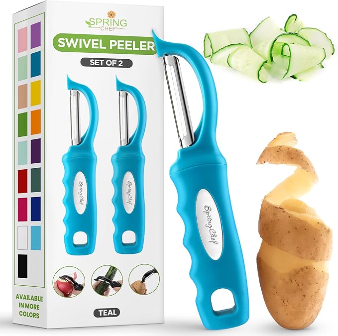 Spring Chef Swivel Vegetable Peeler with Soft Grip Handle, Set of 2, Teal | Premium Potato Peeler w/ Ultra Sharp Stainless Steel Blades, Multifunctional Veggie Peeler for Apple, Carrot, Cucumber, Fruit by SpringChef