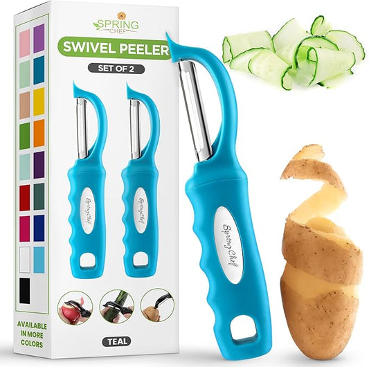 Spring Chef Swivel Vegetable Peeler with Soft Grip Handle, Set of 2, Teal | Premium Potato Peeler w/ Ultra Sharp Stainless Steel Blades, Multifunctional Veggie Peeler for Apple, Carrot, Cucumber, Fruit by SpringChef