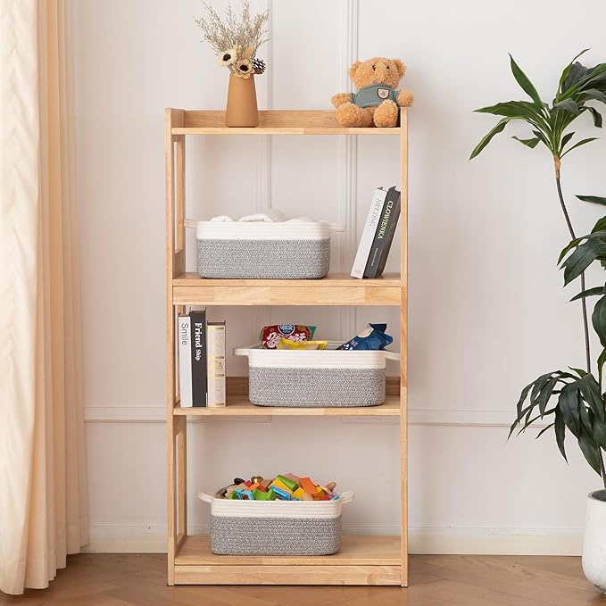 OIAHOMY 3 Pack Storage Baskets for Organizing, Woven Cotton Rope Basket for Shelves, Closet Organizer Bins with Handles, Rectangle Toy Organization, 13.78''×9.84''×5.5'', Grey & White - Image 2
