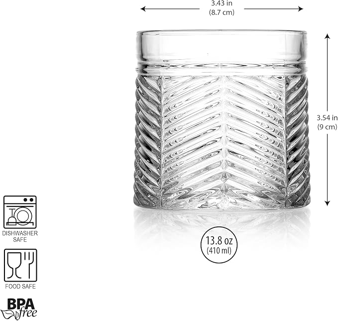Set of 4 Double Old Fashioned Whiskey Glasses 13.86 oz, Heavy Base Rocks Glasses, Textured Herringbone Drinking Glasses, Bourbon Scotch Cocktail Tumblers - Image 4