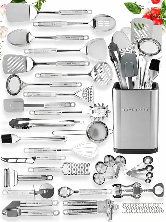 Home Hero 54-Piece Stainless Steel Kitchen Utensils Set - Heat-Resistant Nonstick Silicone & Stainless Steel Cooking Utensils - Complete Tools with Slotted Spoon & Pasta Spoon - Pack of 54, Silver | Heat-Resistant Stainless Steel Kitchen Utensil Set - ... by HomeHero
