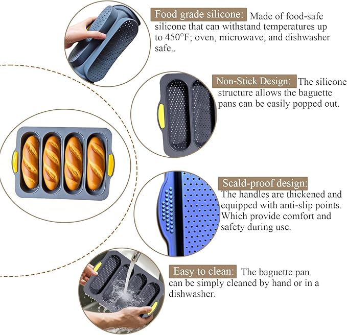 3 PCS Silicone Hamburger Bun Pan and Baguette Pan Set, Non-stick French Bread Baking Mold, 4 Wave French Bread Baking Tray,6 Cup Hamburger Bun Mold with Scraper for Homemade Bread Loaf Sandwich