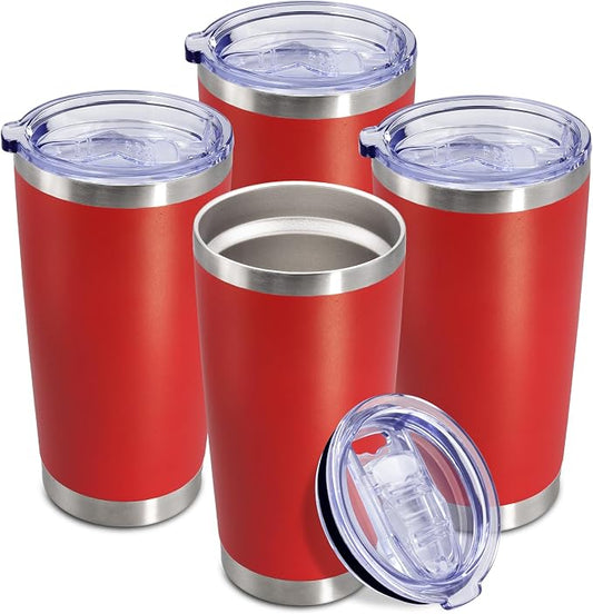 20oz Tumbler Insulated Coffee Tumblers with Lid Stainless Steel Red 4P | 20 oz Tumblers Double Wall Insulated Vacuum 20oz Coffee Mug Leak Proof Tumblers with Lid Powder Coated - Red 4 Pack by AEPDTD
