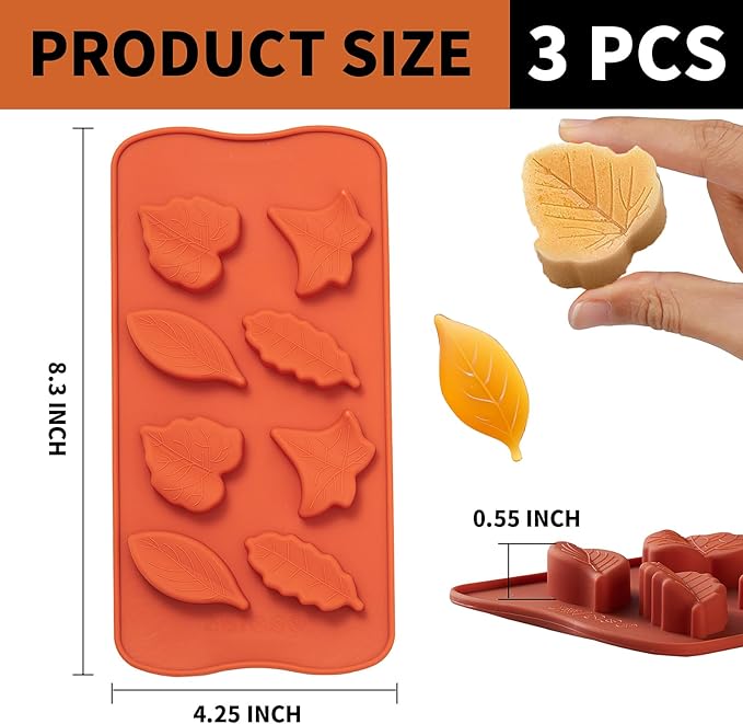 Leaf Silicone Mold 3 Pack Maple Leaf Molds for Chocolate Candy, Ice Cube, Jello, Wax, Autumn Theme Cake Cupcake Decor, Perfect for Thanksgiving, Fall Harvest Party