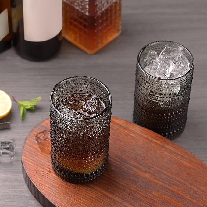 Moretoes 12 Pack 15 Oz Gray Large Hobnail Drinking Glasses Set | Vintage Glassware,Embossed Glass Cups,Water Tumbler,Highball Glasses For Beer, Juice And Various Mixed Drinks - Image 5
