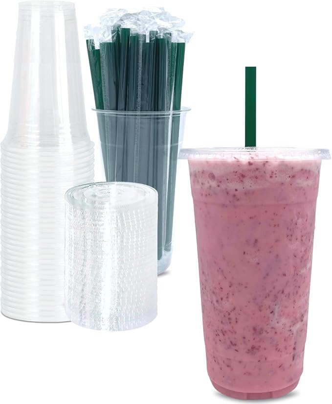 32 oz Clear Plastic Cups with Lids and STRAWS, Disposable Drinking Cups for Cold Drinks, Iced Coffee, Milkshakes, Smoothies, 25 Sets by Cappatua